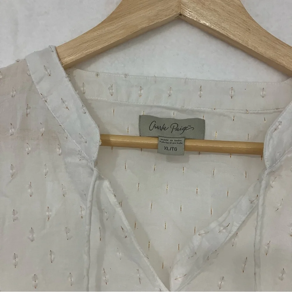 Charlie‎ Paige White Swiss Dot Boho Peplum Blouse Tie Neck XL Cottagecore - Picture 5 of 6